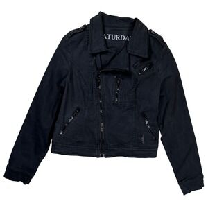 Saturday Moto Jacket Women's Sz M Black Cotton Spandex Asymmetric Zip Casual‎